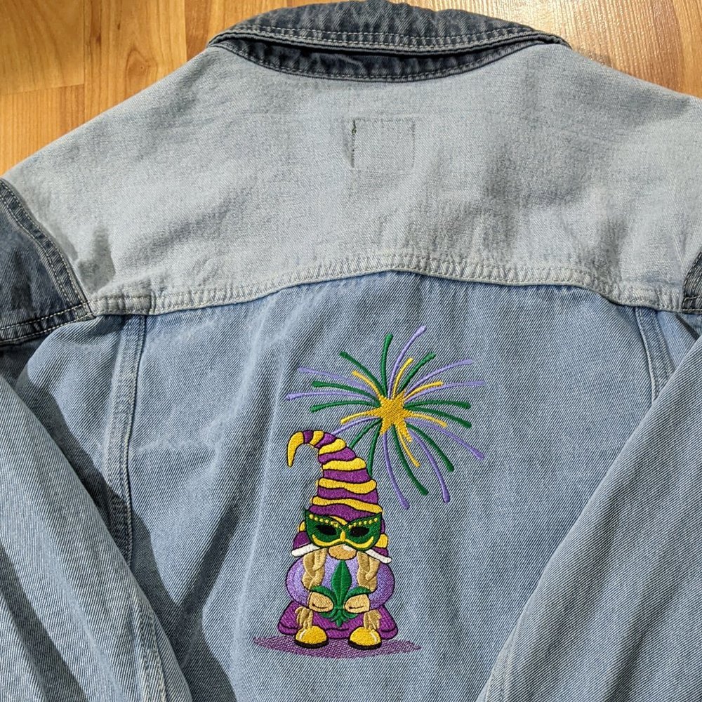 Wild Fable denim jacket with Mardi Gras Gnome Embroidery